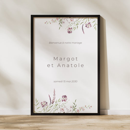 Panneau bienvenue Mariage Portrait 60 x 90 cm Petites fleurs mauves photo