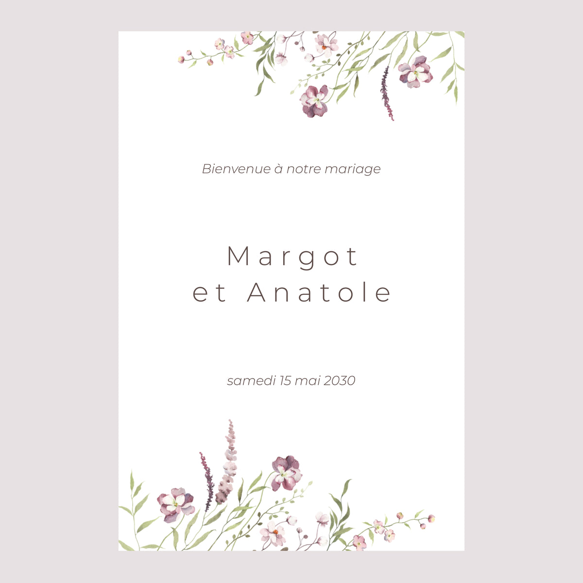 Panneau bienvenue Mariage Portrait 60 x 90 cm Petites fleurs mauves photo N° 2