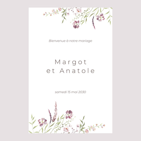 Panneau bienvenue Mariage Portrait 60 x 90 cm Petites fleurs mauves