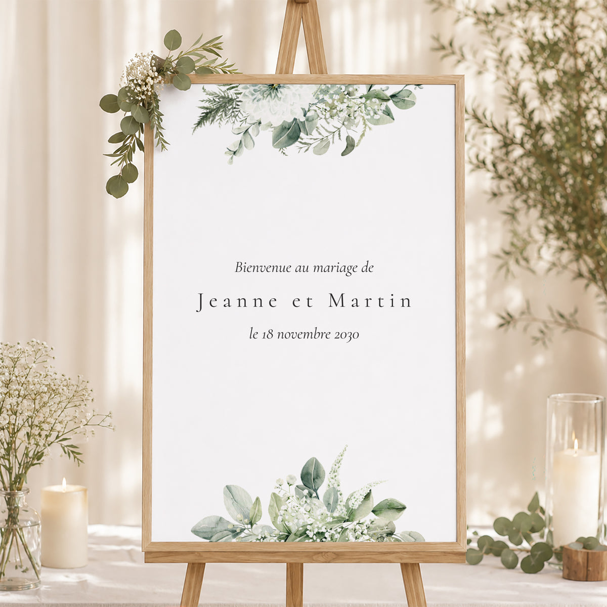 Panneau bienvenue Mariage Portrait 60 x 90 cm Encadré végétal photo N° 1