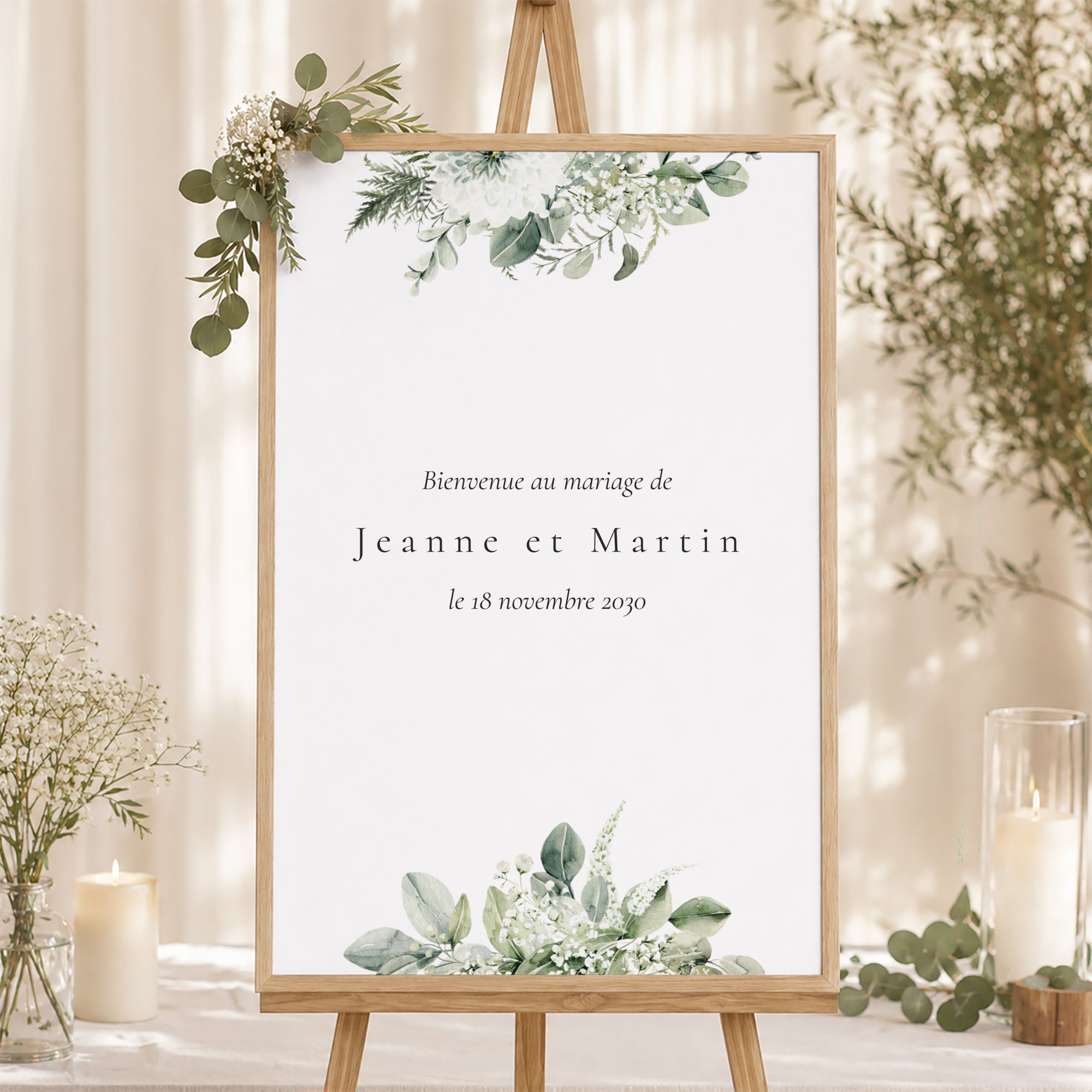 Panneau bienvenue Mariage Portrait 60 x 90 cm Encadré végétal photo N° 1