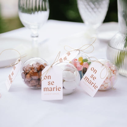 Boîte à dragées Mariage boule avec étiquette fanion Typo terracotta photo N° 2