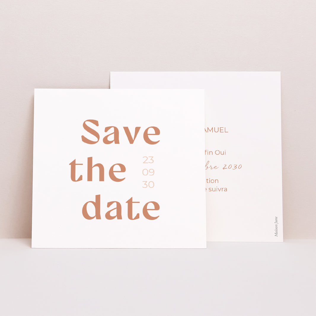 Save the date Mariage Carré Typo terracotta photo N° 1