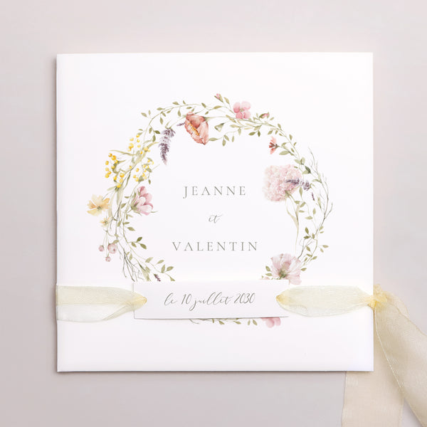 Faire-part Mariage Pochette carrée, 3 cartes, étiquette Couronne fleurie photo