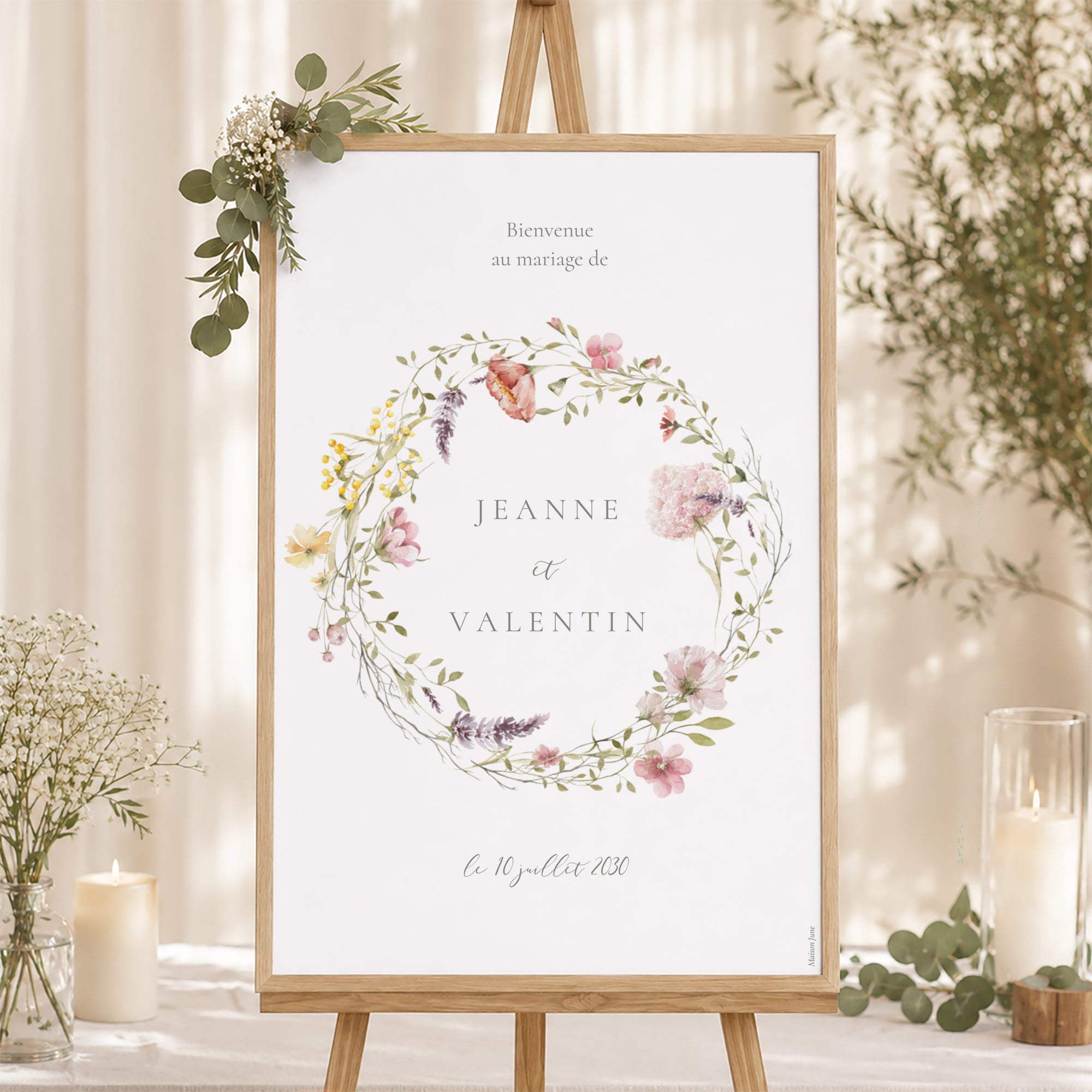 Panneau bienvenue Mariage Portrait 60 x 90 cm Couronne fleurie photo N° 1