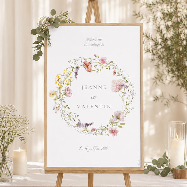 Panneau bienvenue Mariage Portrait 60 x 90 cm Couronne fleurie photo