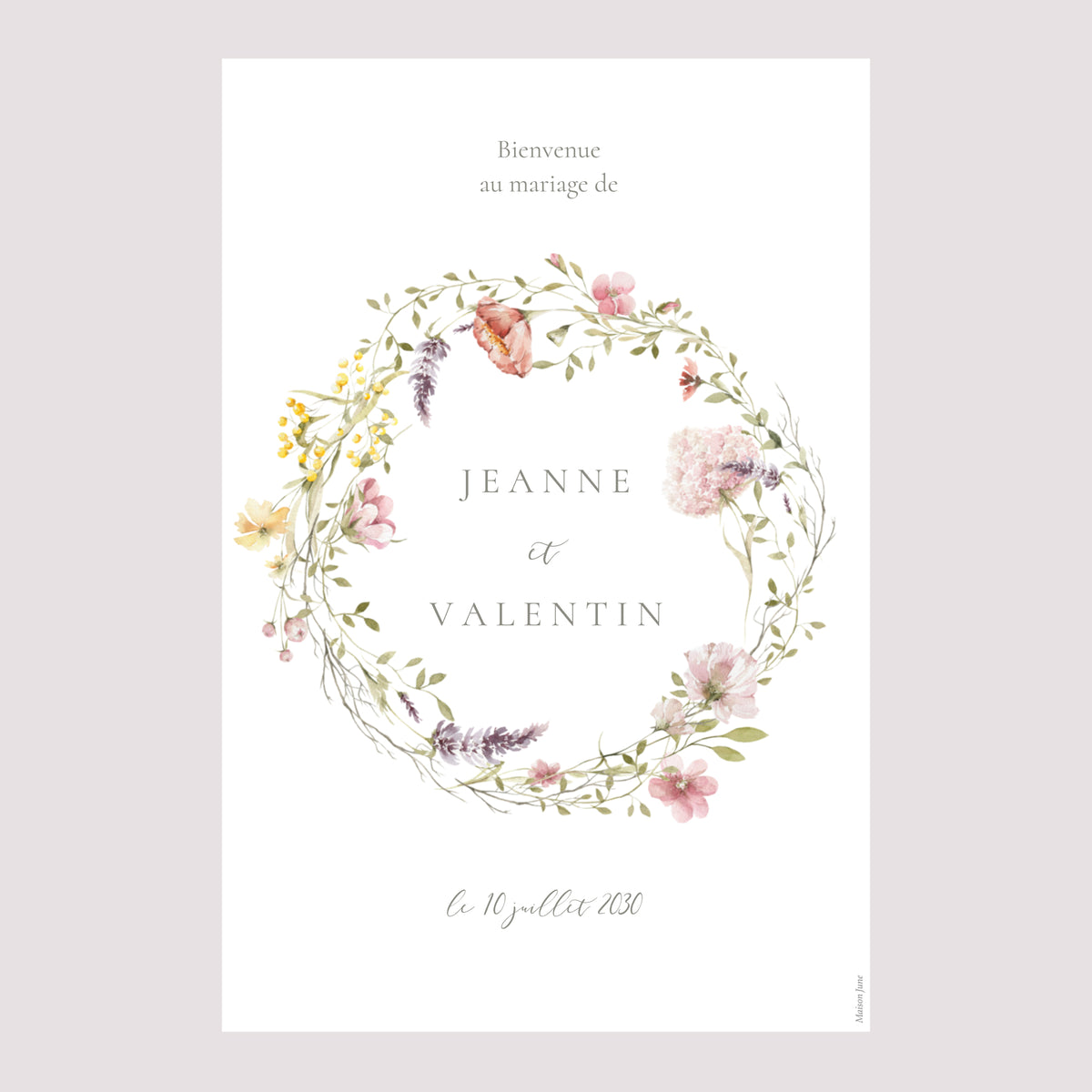 Panneau bienvenue Mariage Portrait 60 x 90 cm Couronne fleurie photo N° 2
