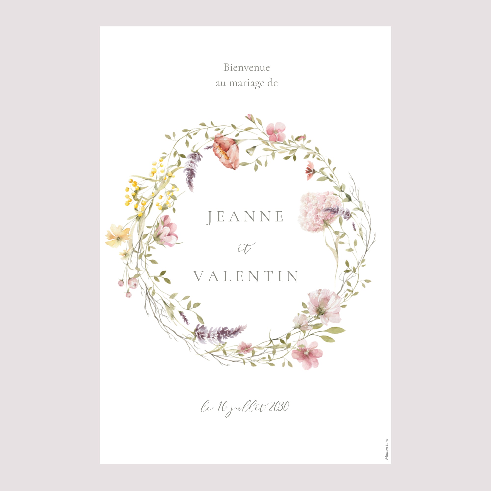 Panneau bienvenue Mariage Portrait 60 x 90 cm Couronne fleurie photo N° 2