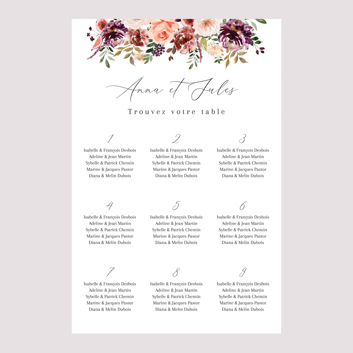 Plan de table Mariage Portrait 60 x 90 cm Caudélie photo N° 2