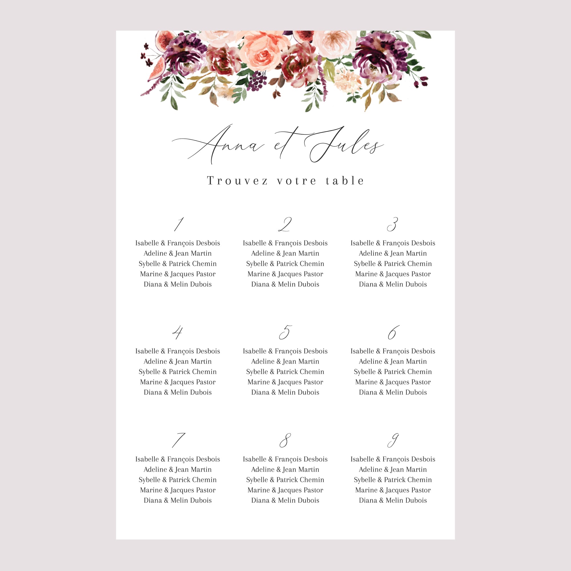 Plan de table Mariage Portrait 60 x 90 cm Caudélie photo N° 2