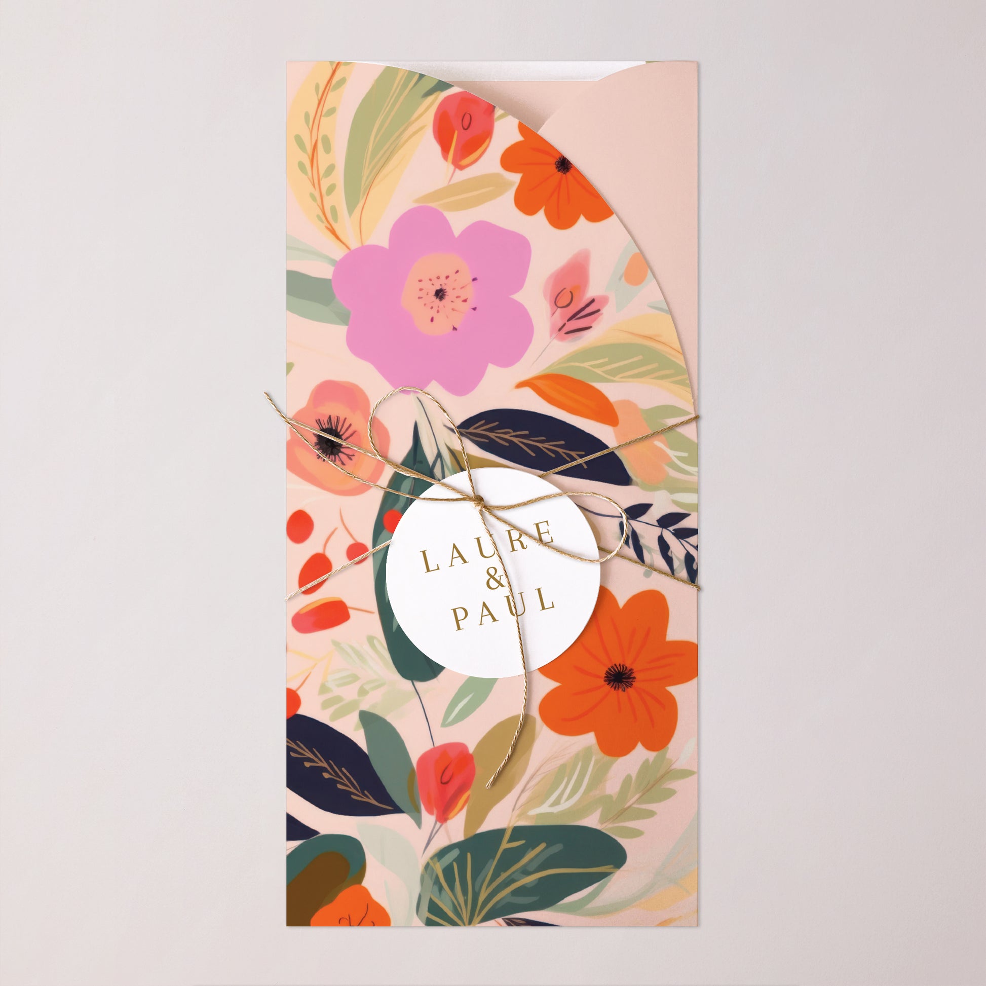 Faire-part Mariage Pochette, 2 cartes, étiquette ronde Farandole de fleurs photo N° 1