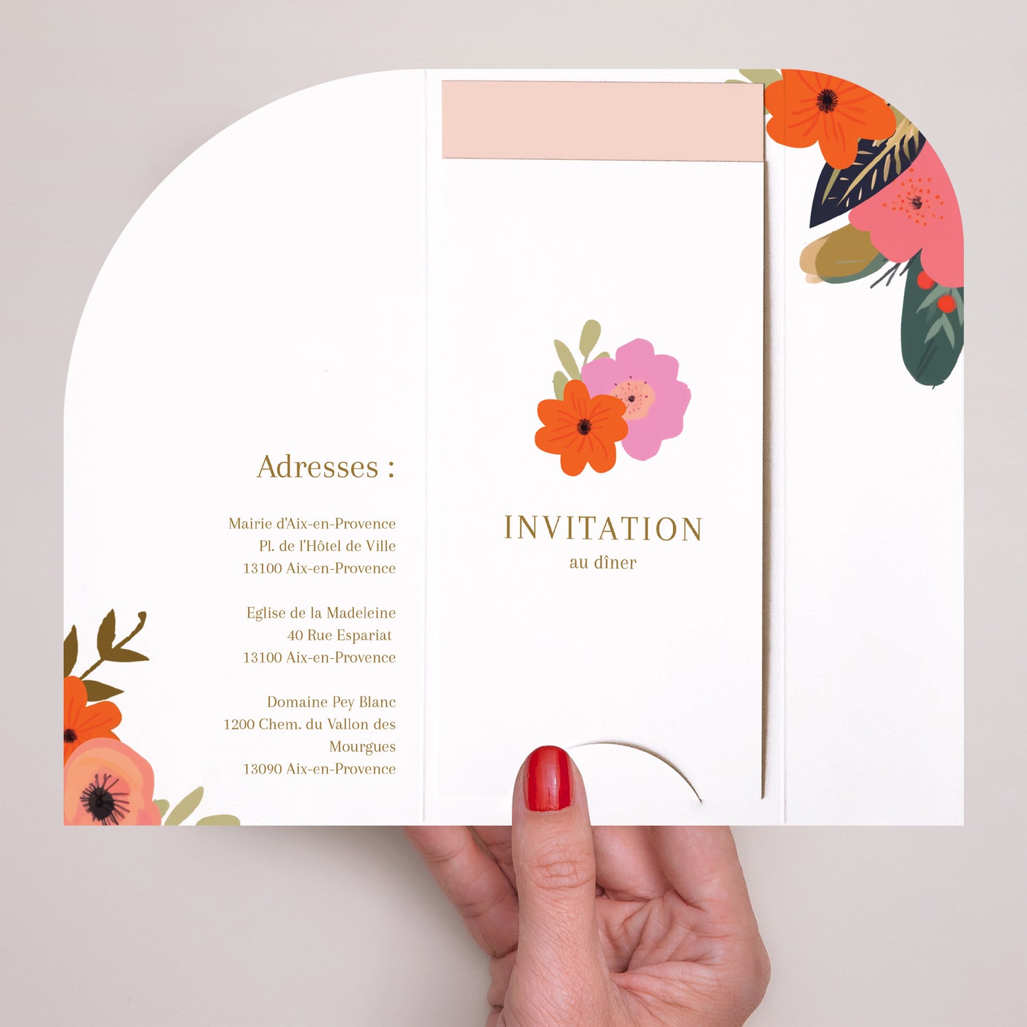 Faire-part Mariage Pochette, 2 cartes, étiquette ronde Farandole de fleurs photo N° 2