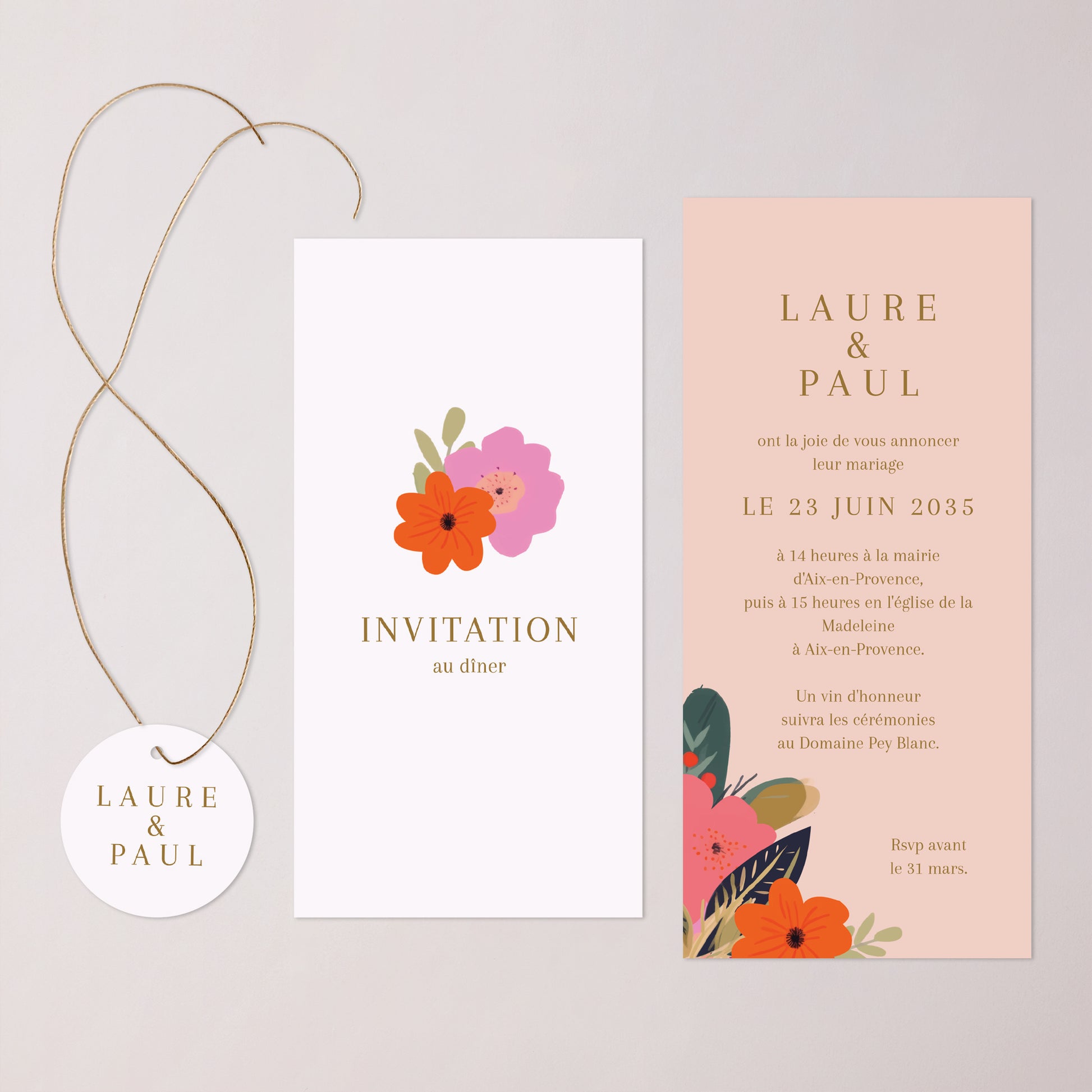 Faire-part Mariage Pochette, 2 cartes, étiquette ronde Farandole de fleurs photo N° 3