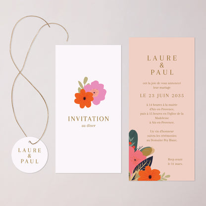 Faire-part Mariage Pochette, 2 cartes, étiquette ronde Farandole de fleurs photo N° 3