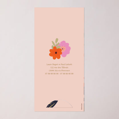 Faire-part Mariage Pochette, 2 cartes, étiquette ronde Farandole de fleurs photo N° 4