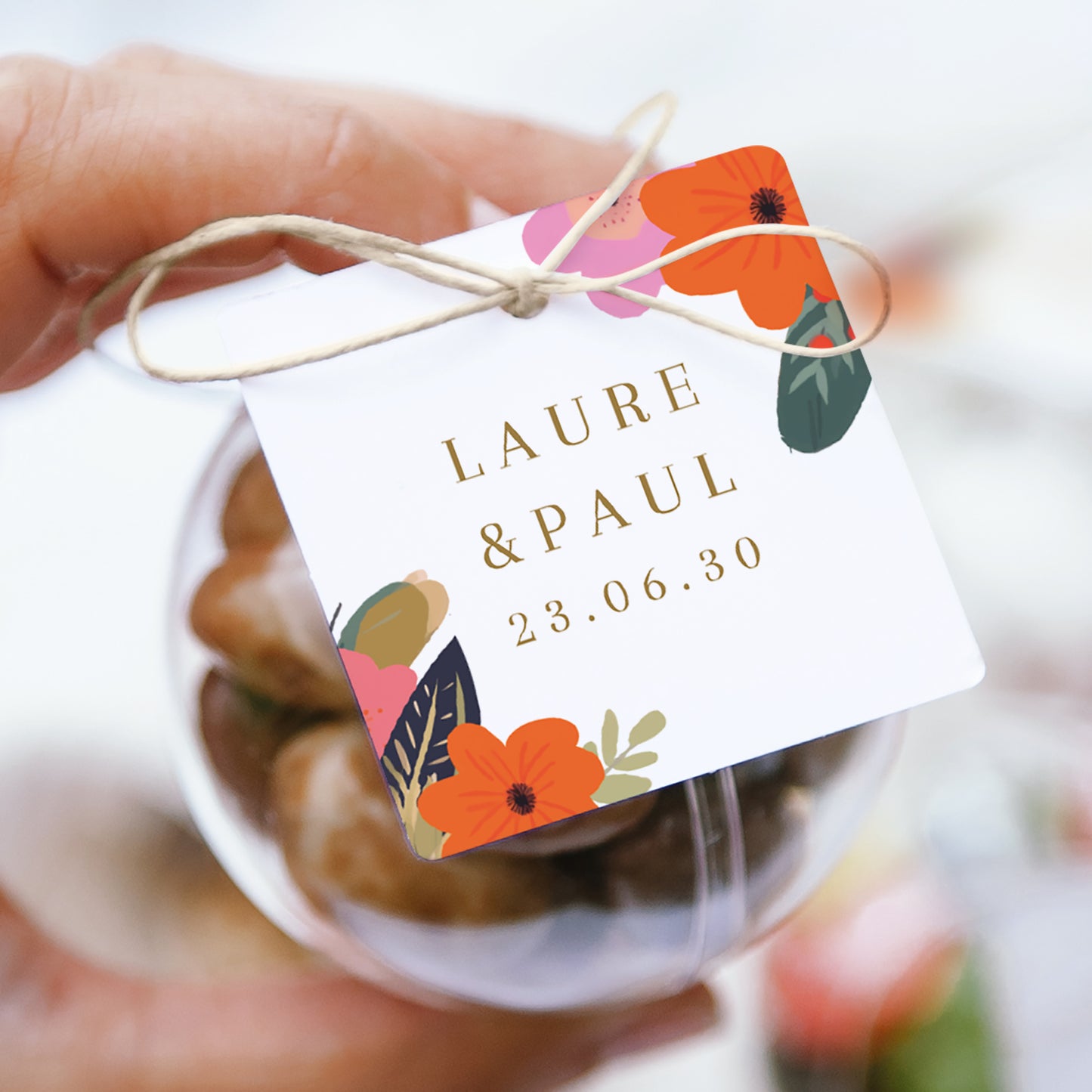 Boîte à dragées Mariage boule avec étiquette carrée Farandole de fleurs photo N° 1