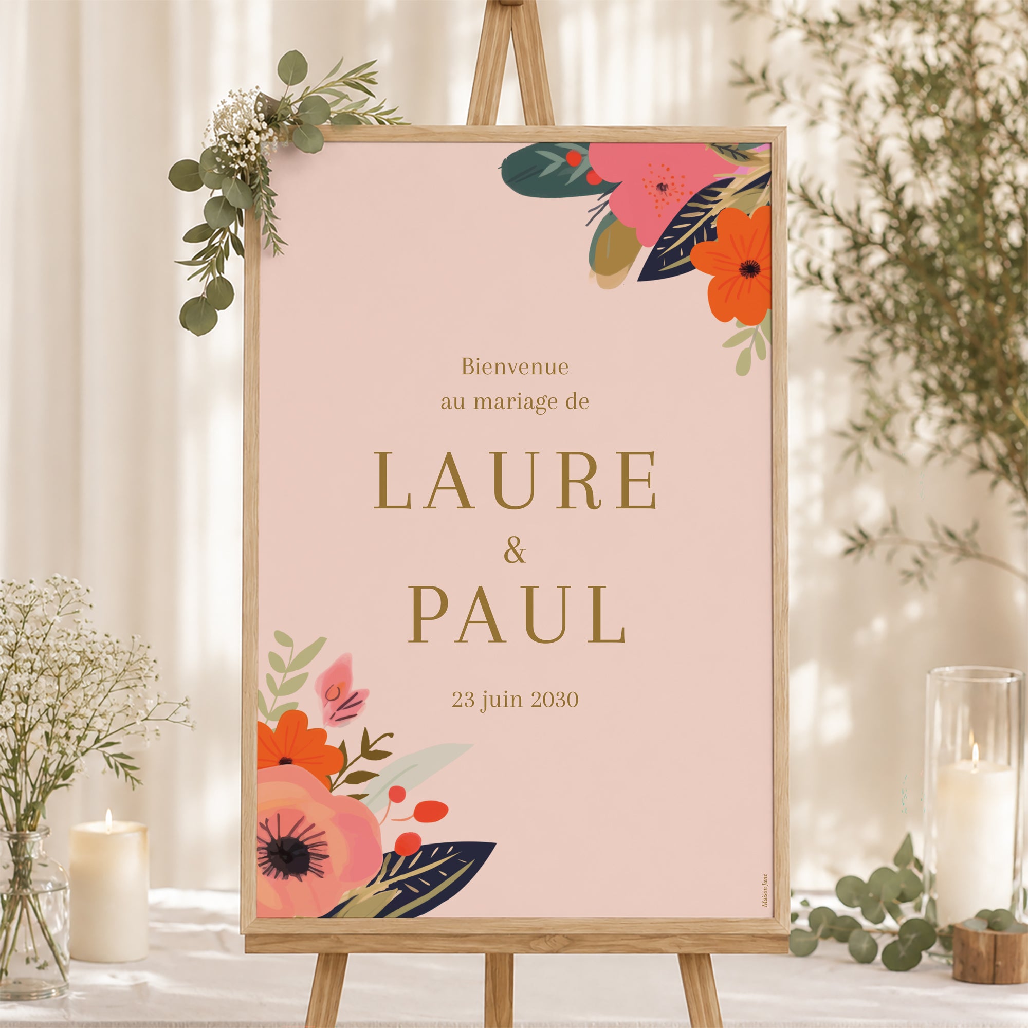 Panneau bienvenue Mariage Portrait 60 x 90 cm Farandole de Fleurs photo N° 1