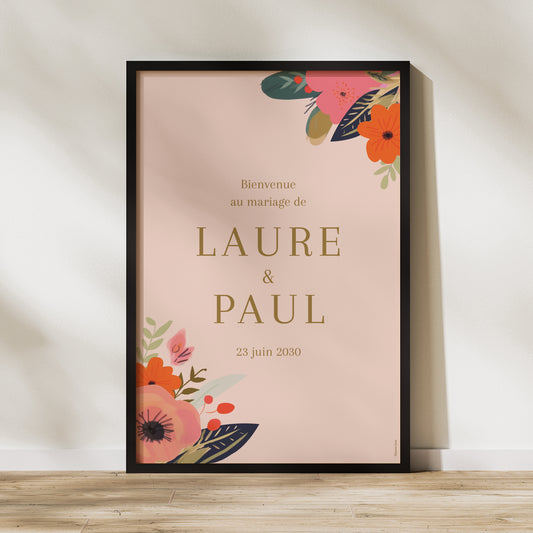Panneau bienvenue Mariage Portrait 60 x 90 cm Farandole de fleurs photo