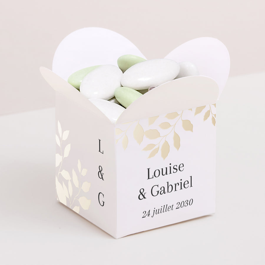 Boîte à dragées Mariage Ouverture papillon feuillage doré photo