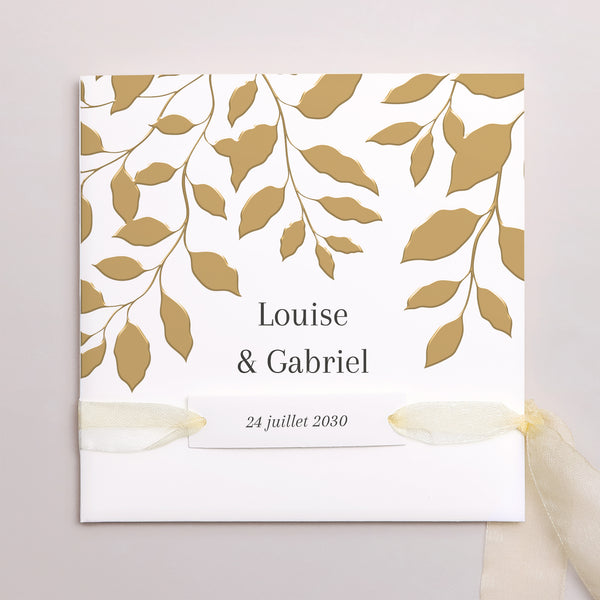 Faire-part Mariage Pochette carrée, 3 cartes, étiquette Feuillage doré photo