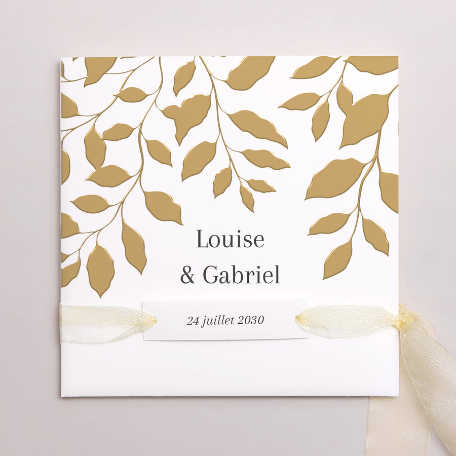 Faire-part Mariage Pochette carrée, 3 cartes, étiquette feuillage doré photo