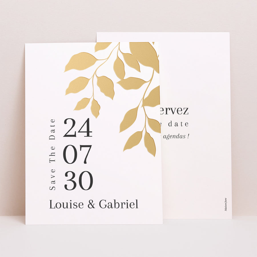 Save the date Mariage Portrait feuillage doré photo
