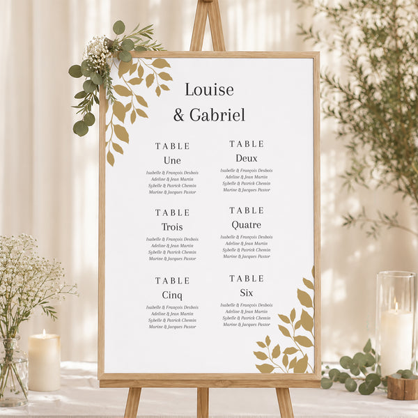 Plan de table Mariage Portrait 60 x 90 cm Feuillage doré photo