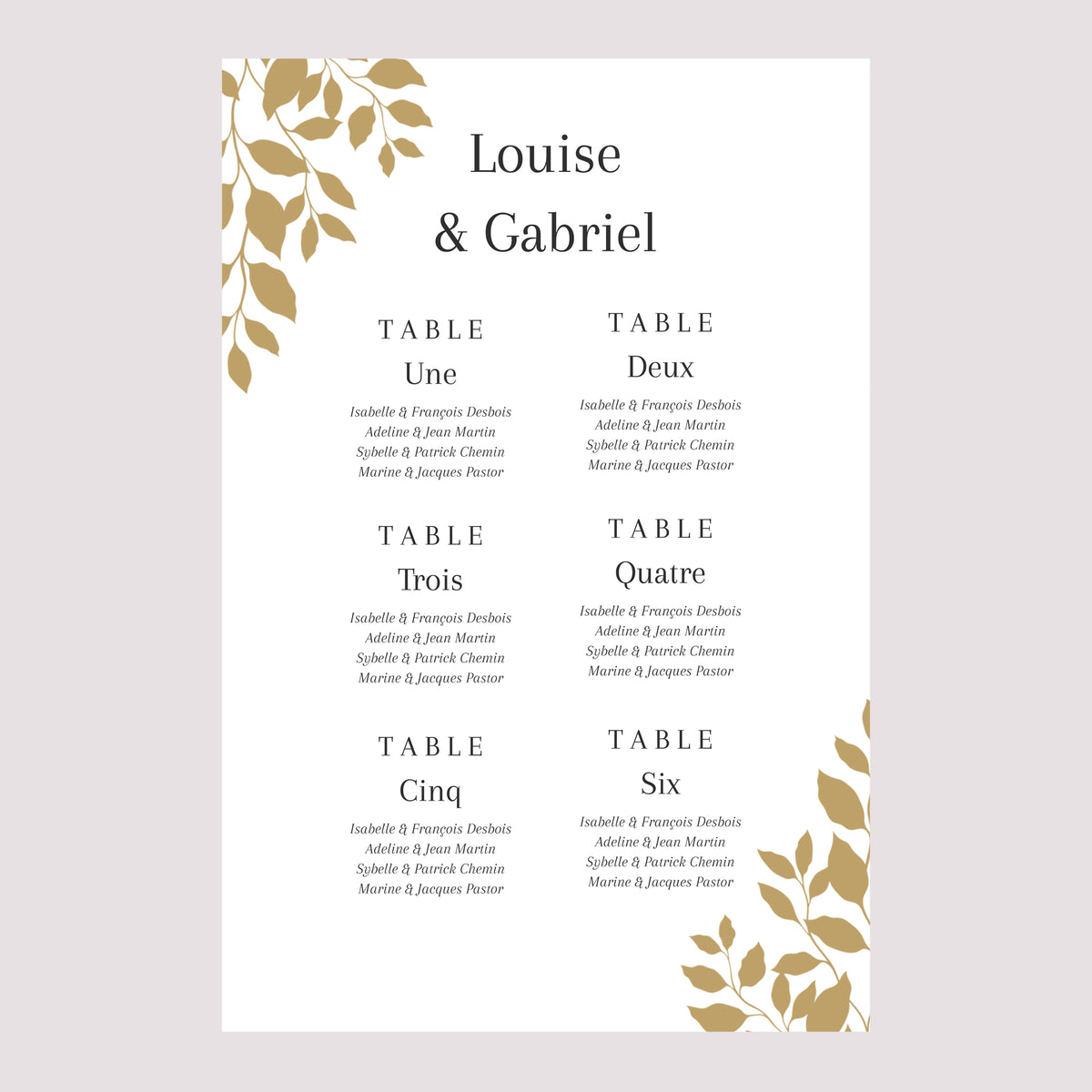 Plan de table Mariage Portrait 60 x 90 cm Feuillage doré photo N° 2