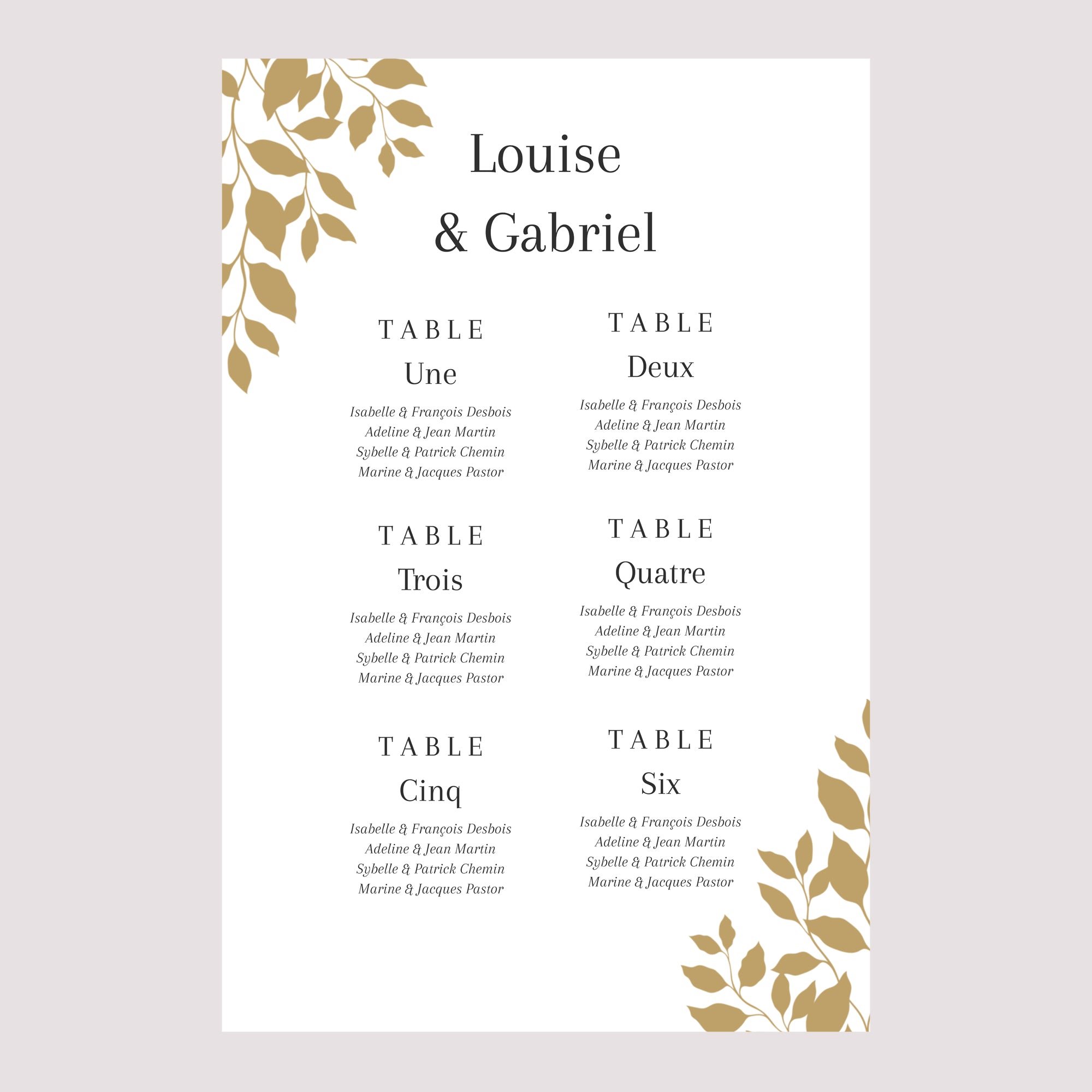 Plan de table Mariage Portrait 60 x 90 cm Feuillage doré photo N° 2