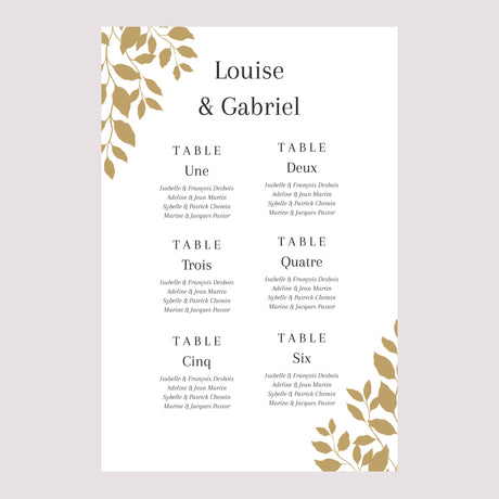 Plan de table Mariage Portrait 60 x 90 cm Feuillage doré