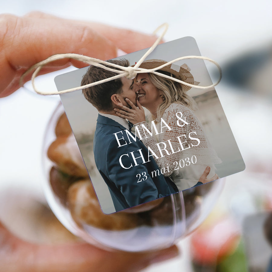Boîte à dragées Mariage boule avec étiquette carrée Oui pour la vie photo