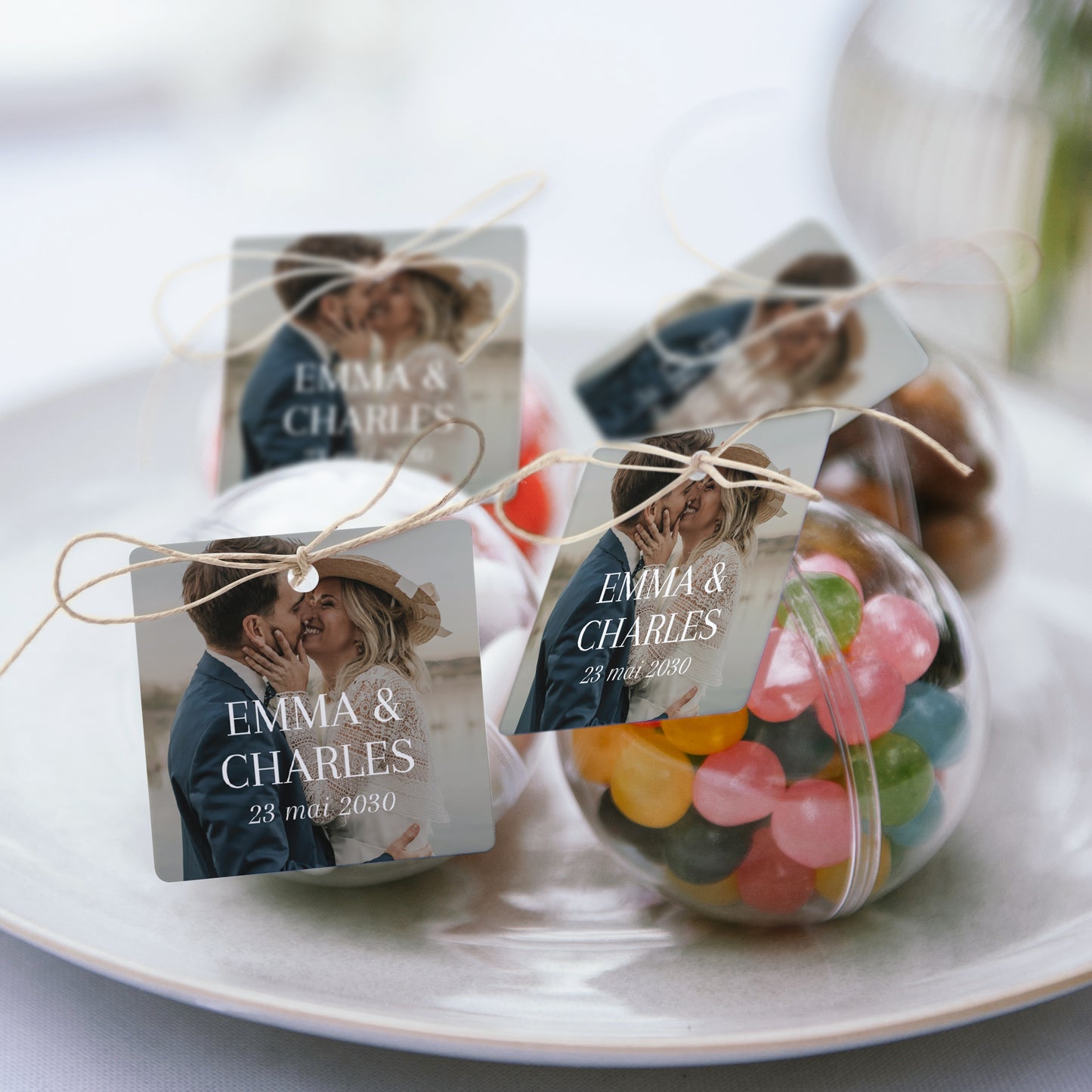 Boîte à dragées Mariage boule avec étiquette carrée Oui pour la vie photo N° 2