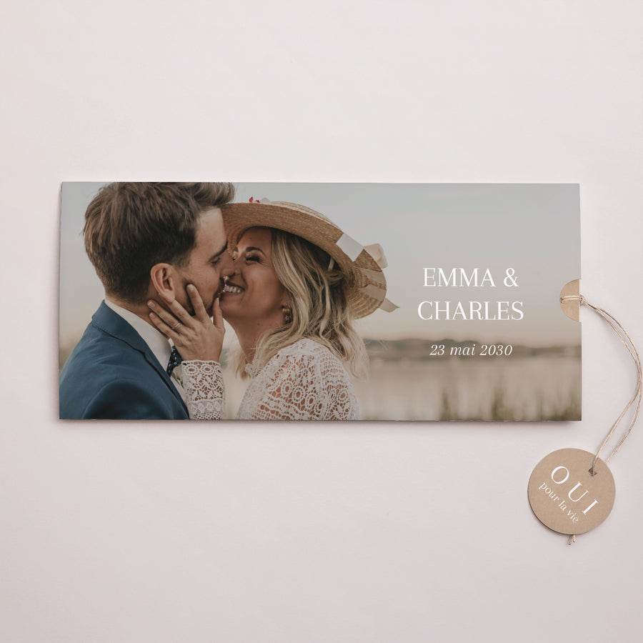 Faire-part Mariage Pochette 2 cartes, étiquette Oui pour la vie photo