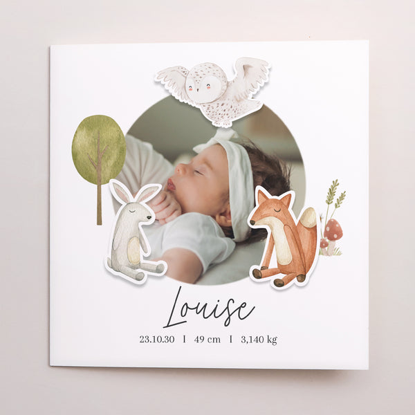 Faire-part Naissance Carré double volet, animaux à coller Promenons-nous dans les bois photo