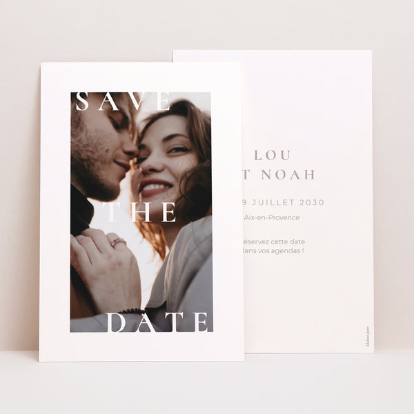 Save the date Mariage Portrait Typo et beige photo