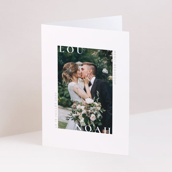 Remerciements Mariage Portrait double volet Typo et beige photo