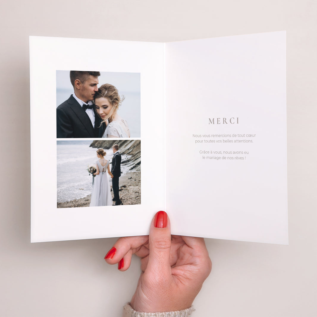 Remerciements Mariage Portrait double volet Typo et beige photo N° 2