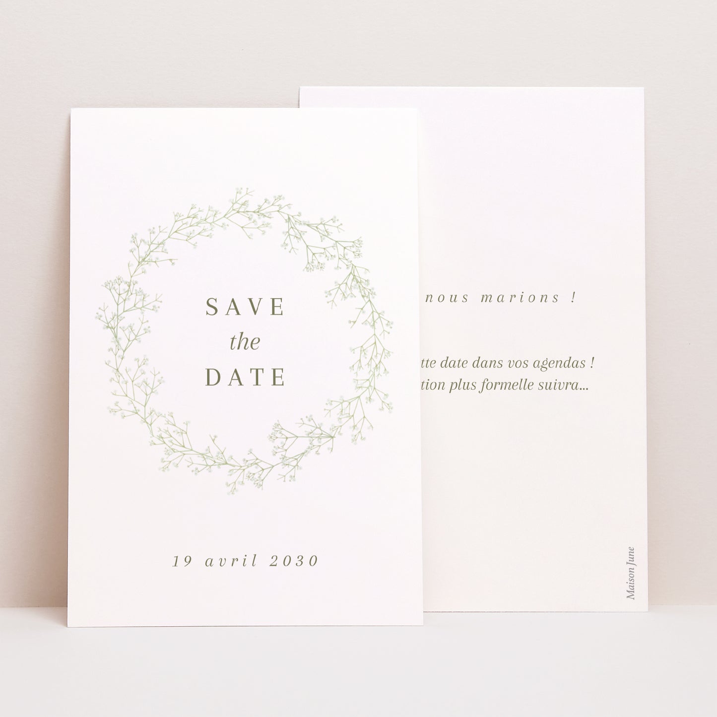 Save the date Mariage Portrait Couronne de gypsophile photo N° 1