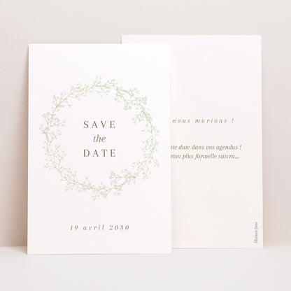 Save the date Mariage Portrait Couronne de gypsophile photo N° 1