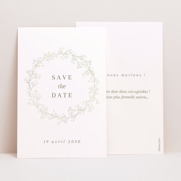 Save the date Mariage Portrait Couronne de gypsophile photo