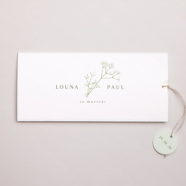 Faire-part Mariage Pochette 2 cartes, étiquette Couronne de gypsophile photo