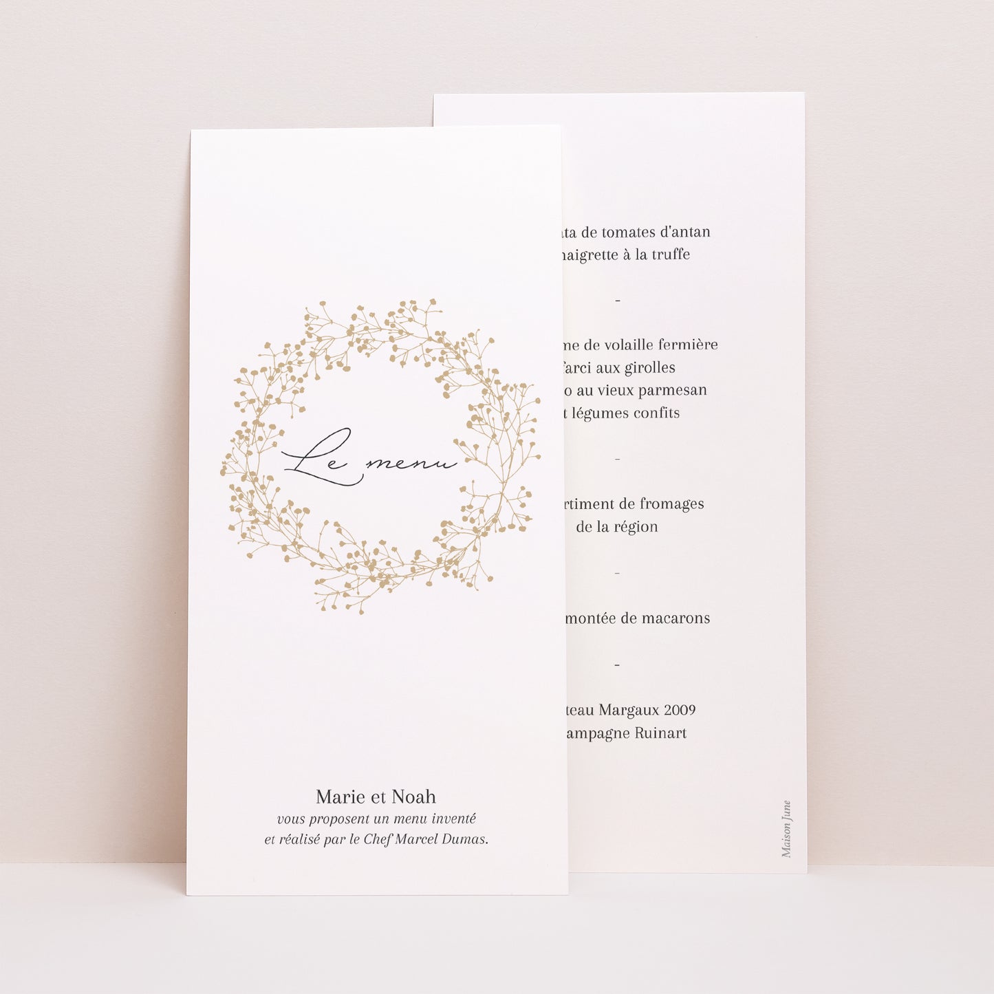 Menu Mariage Panoramique portrait Couronne d'or Gypsophile photo N° 1