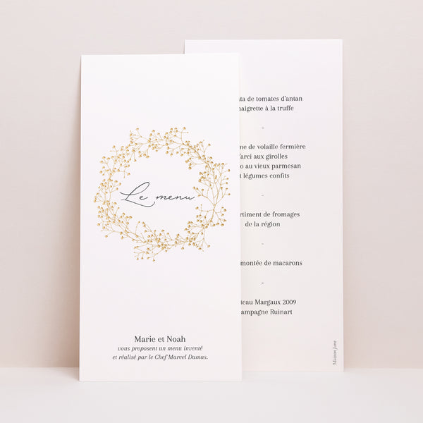 Menu Mariage Panoramique portrait Couronne d'or Gypsophile photo