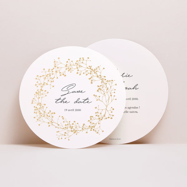 Save the date Mariage Rond Couronne d'or Gypsophile photo