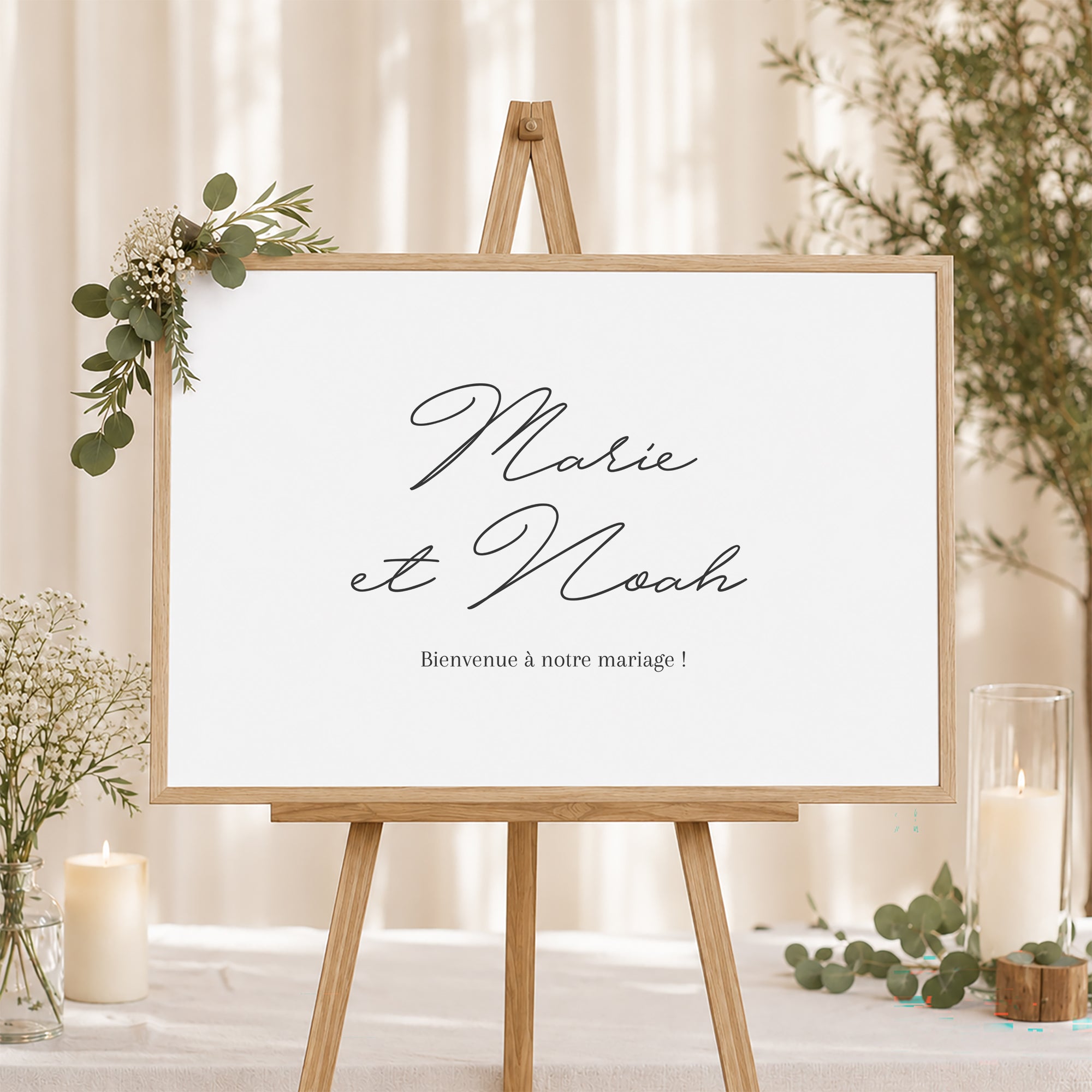 Panneau bienvenue Mariage Paysage 90 x 60 cm Couronne d'or Gypsophile photo N° 1