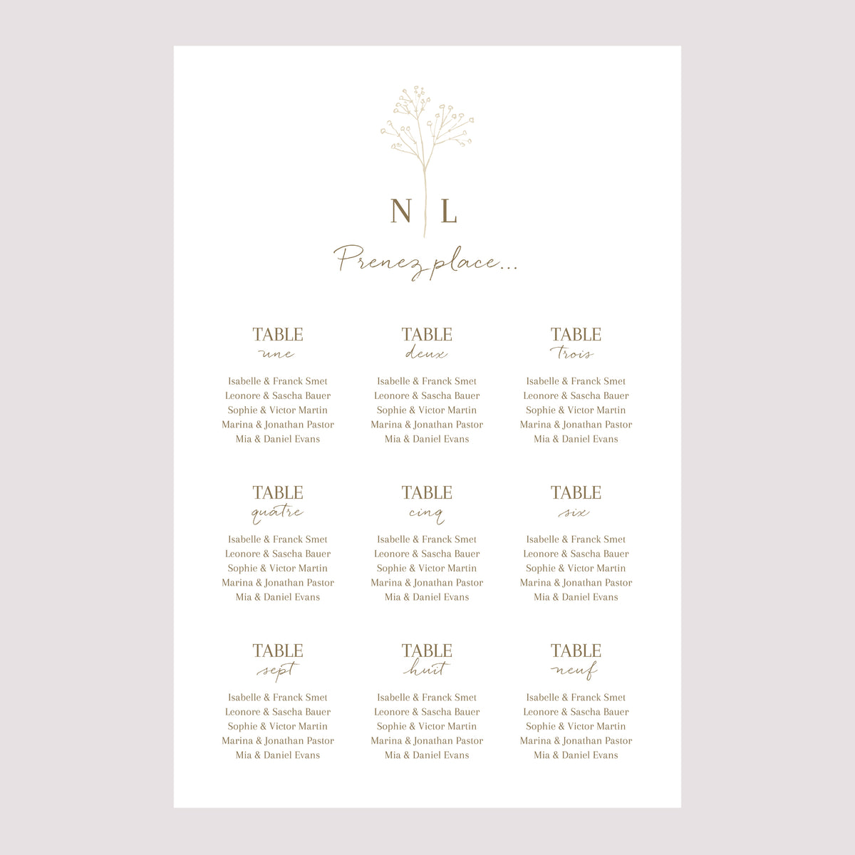 Plan de table Mariage Portrait 60 x 90 cm Gypsophile élégant photo N° 2