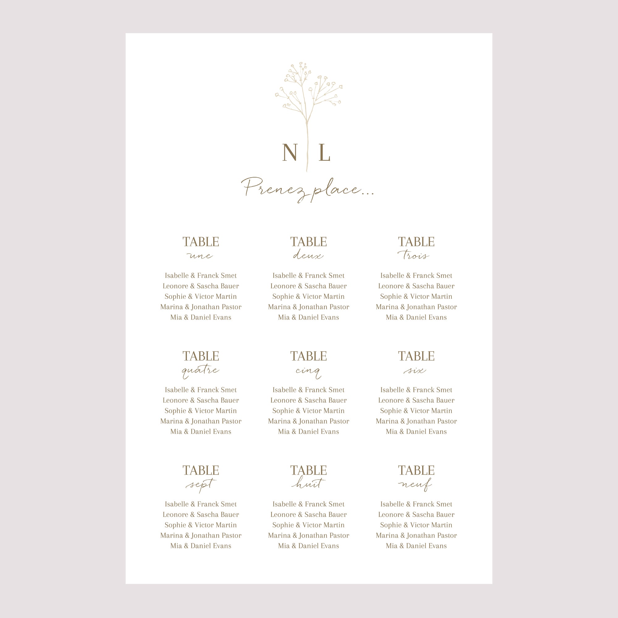 Plan de table Mariage Portrait 60 x 90 cm Gypsophile élégant photo N° 2
