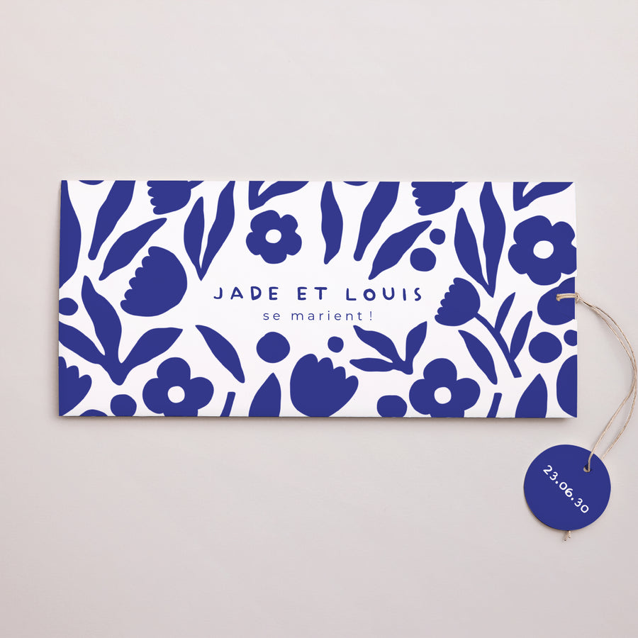 Faire-part Mariage Pochette 2 cartes, étiquette Bleu Majorelle photo