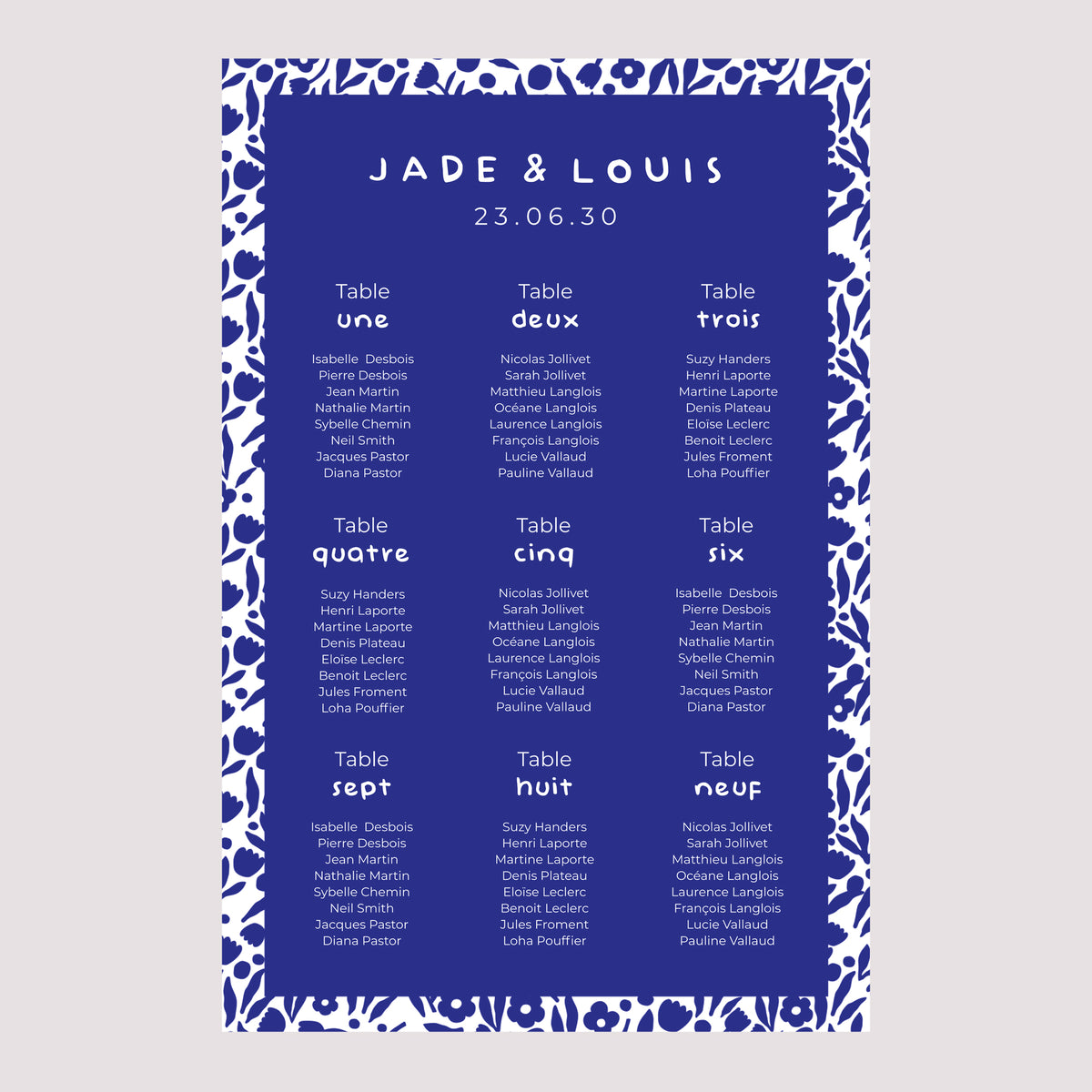 Plan de table Mariage Portrait 60 x 90 cm Bleu Majorelle photo N° 2