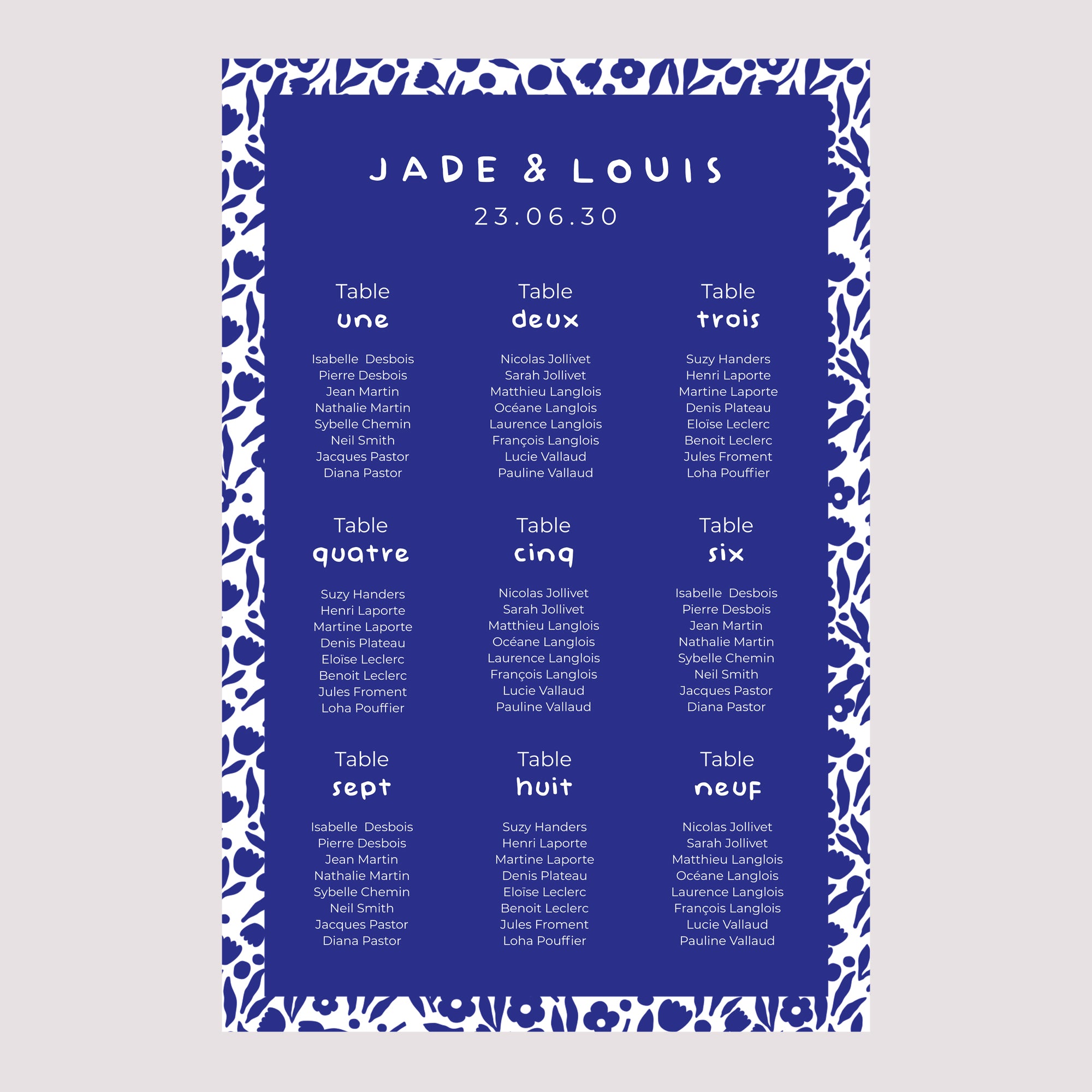 Plan de table Mariage Portrait 60 x 90 cm Bleu Majorelle photo N° 2